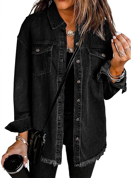 Oversized Frayed Hem Shacket Denim Jean Jacket | Women's Denim Jackets | Ohio Leather Jacket