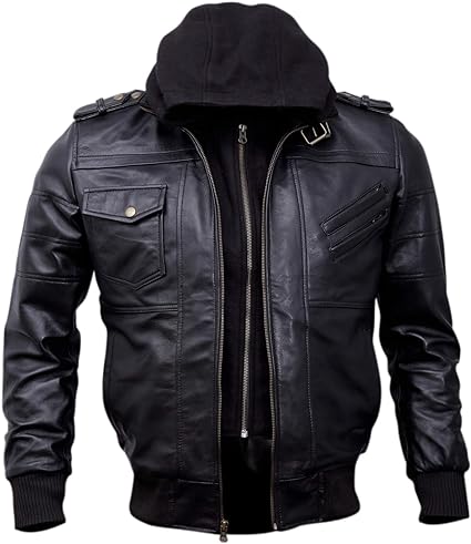 Men's Genuine Hooded Bomber Leather Jacket with Removable Hood